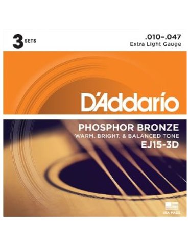 Juego Cuerdas Guitarra Acústica D'Addario EJ-15-3D 010-047