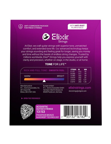 Juego Cuerdas Guitarra Acústica Elixir Ph Nanoweb HD 16182 (13-53) 2