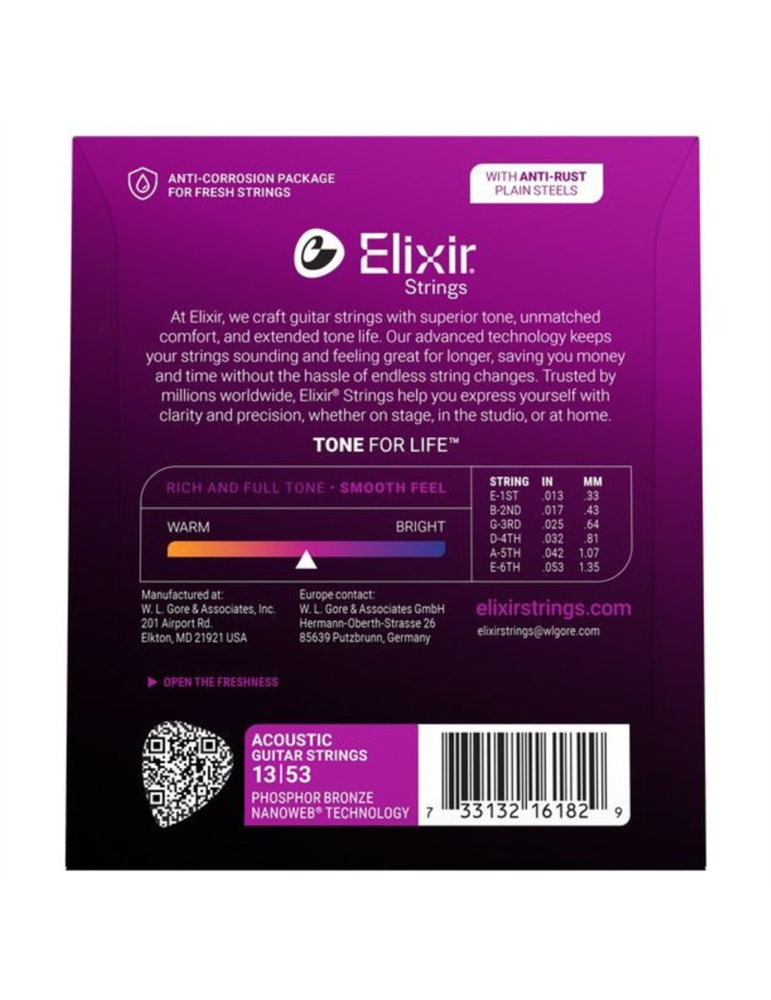 Juego Cuerdas Guitarra Acústica Elixir Ph Nanoweb HD 16182 (13-53)