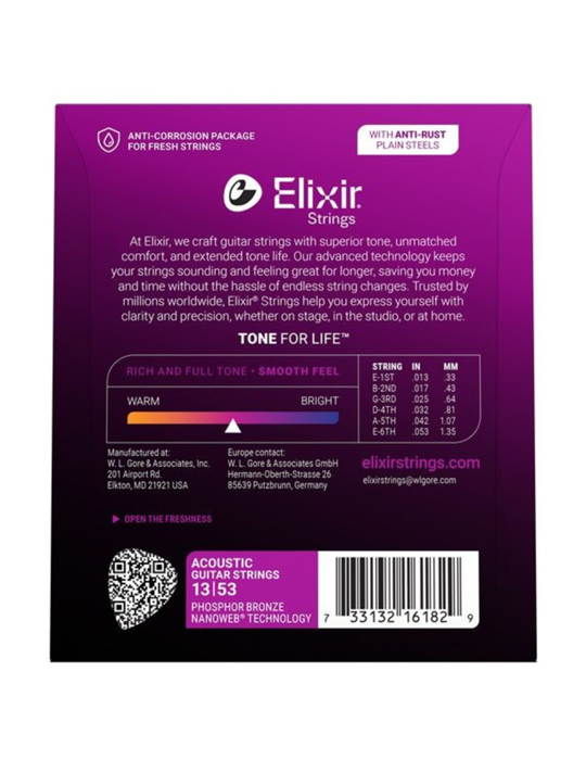 Juego Cuerdas Guitarra Acústica Elixir Ph Nanoweb HD 16182 (13-53)