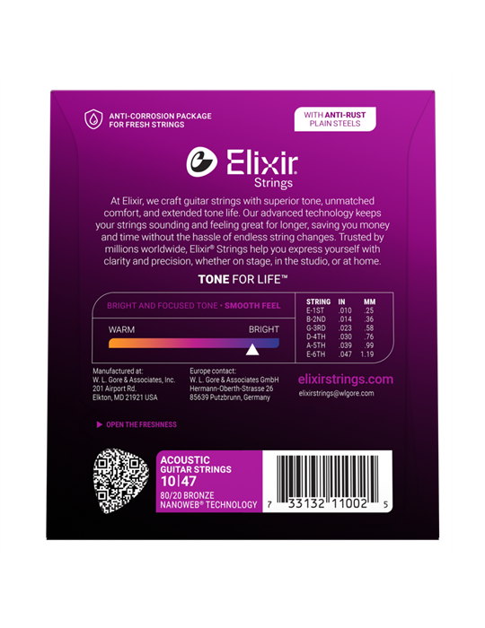 Juego Cuerdas Guitarra Acústica Elixir Nanoweb 11002 (10-47)