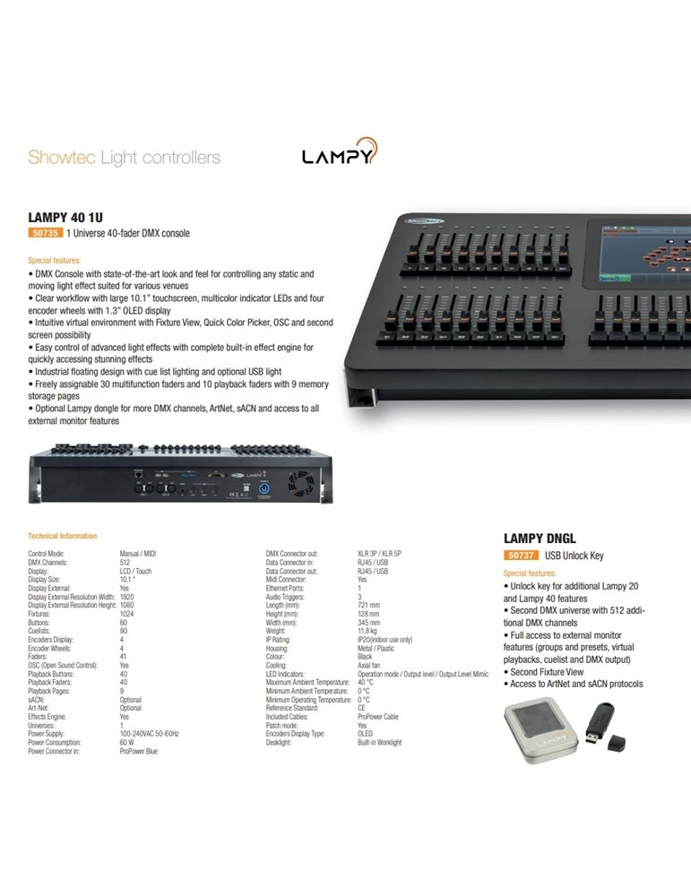 LAMPY 40 1U Consola DMX con 40 faders y 1 Universo