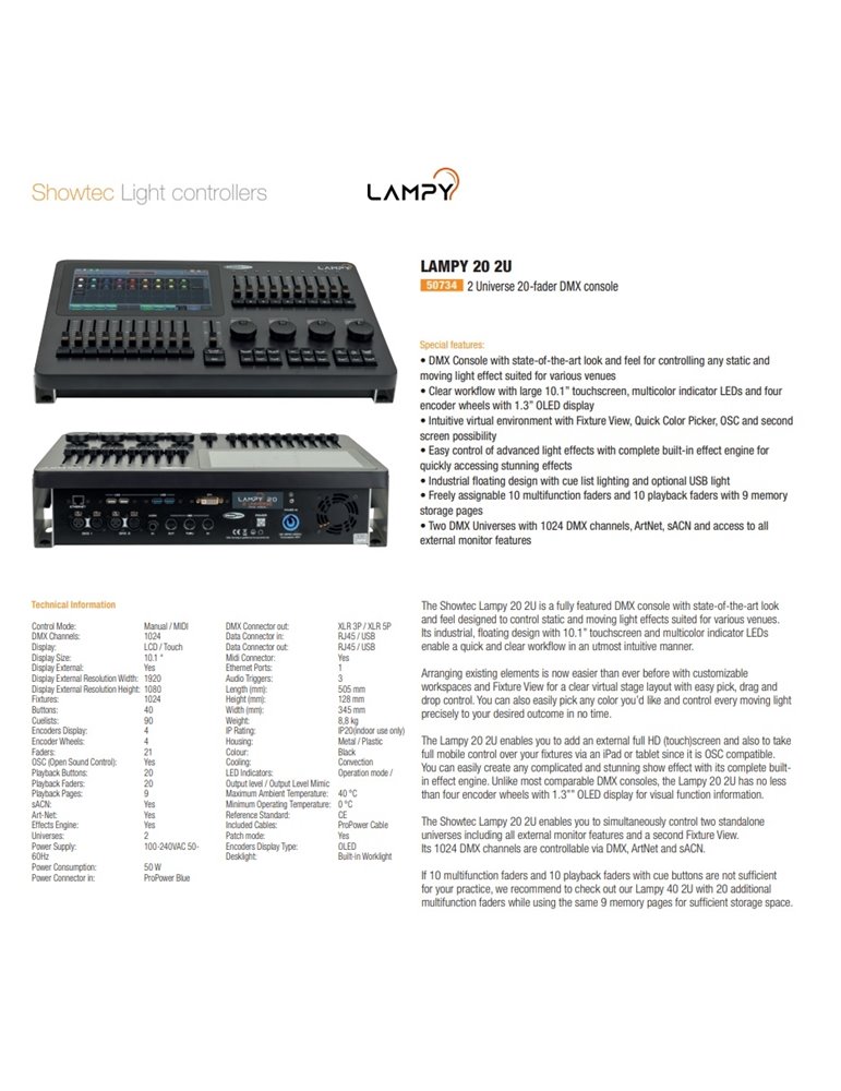 LAMPY 20 2U Consola DMX con 20 faders y 2 Universos