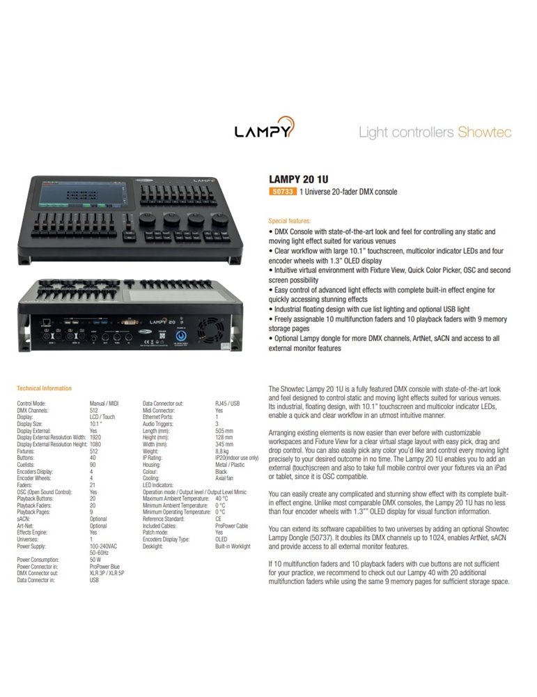 LAMPY 20 1U Consola DMX con 20 faders y 1 Universo