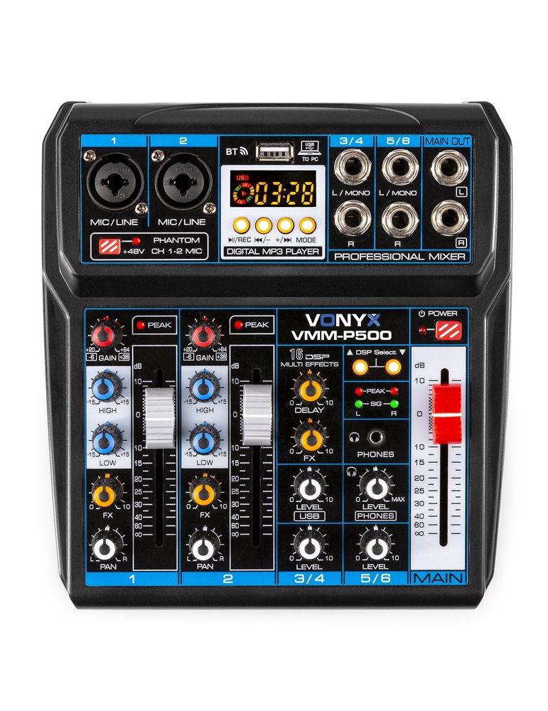 VMM-P500 Mezclador Directo 4Canales con DSP, USB y reproductor MP3/BT