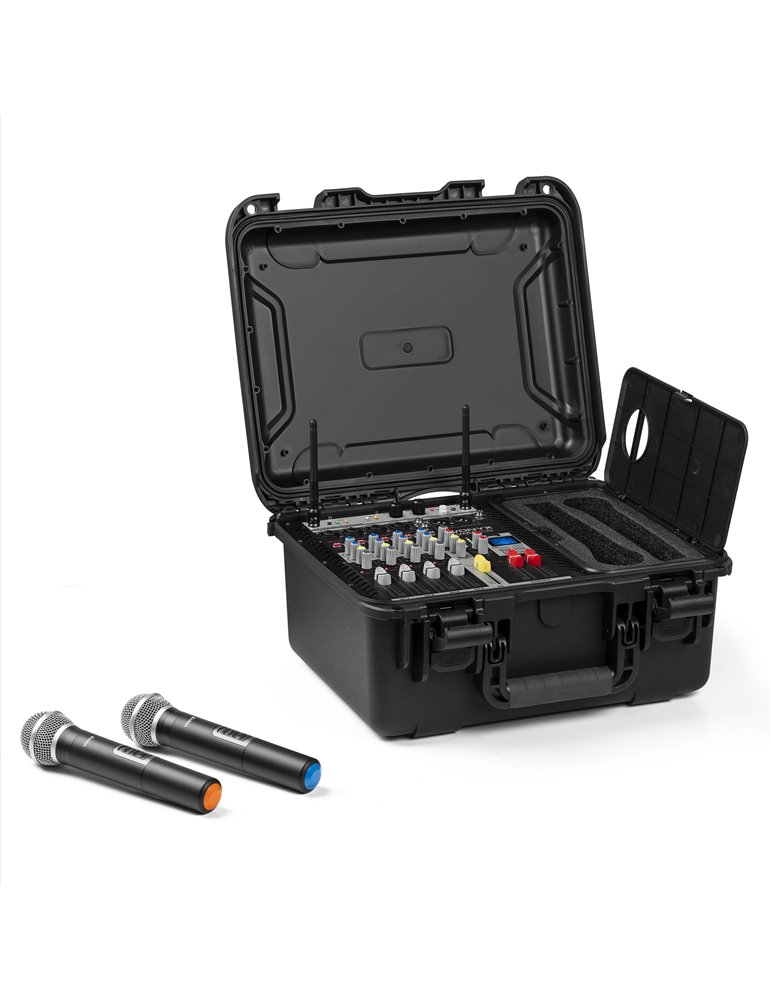 VMA106 Mezclador amplificado de 6Ch en maleta ABS con 2 micros inalámbricos UHF