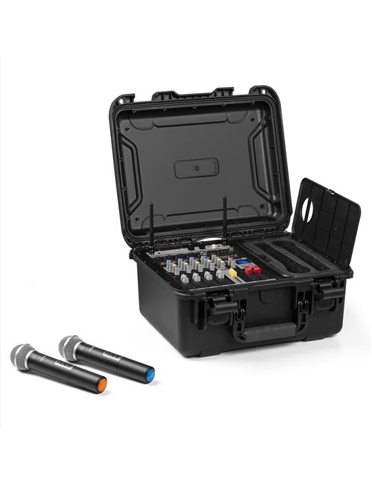 VMA106 Mezclador amplificado de 6Ch en maleta ABS con 2 micros inalámbricos UHF