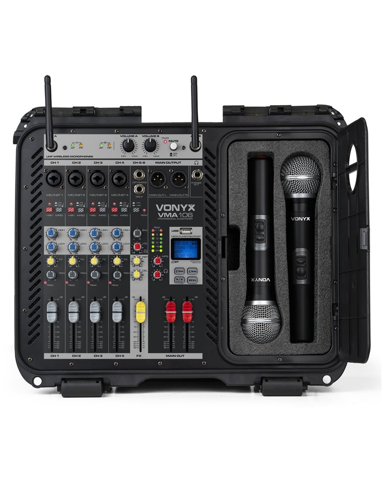 VMA106 Mezclador amplificado de 6Ch en maleta ABS con 2 micros inalámbricos UHF