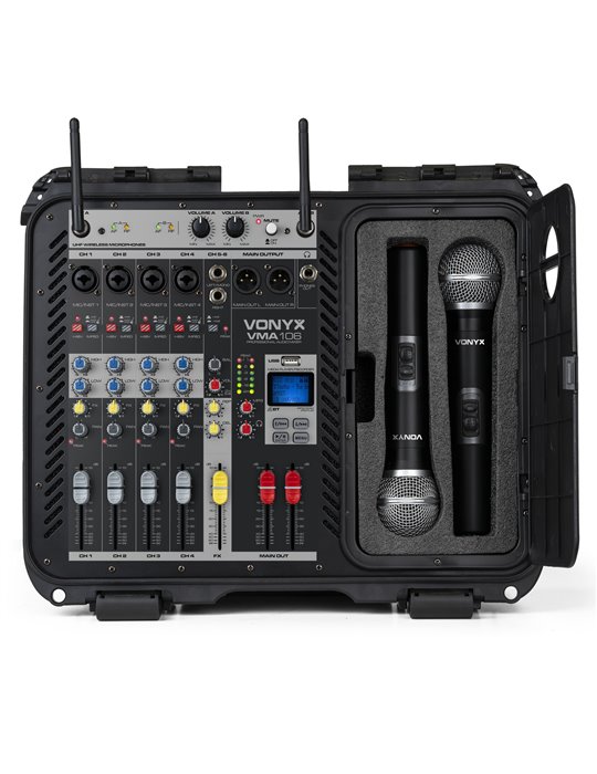 VMA106 Mezclador amplificado de 6Ch en maleta ABS con 2 micros inalámbricos UHF