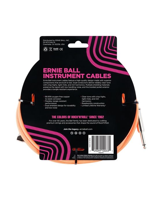 CABLE EB INSTRUMENTO TRENZADO JACK-JACK SA  2,54 m  - Naranja / Neon