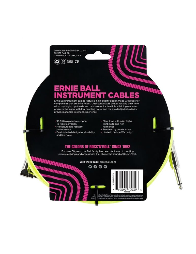 CABLE EB INSTRUMENTO TRENZADO JACK-JACK SA  5,49 m  - Neon / Amarillo