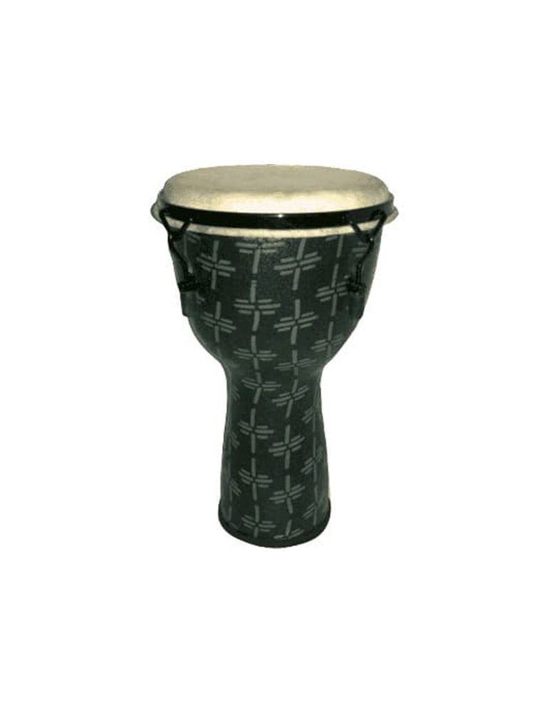 Djembe de 14? construído en fibra. Color gris claro y decorado con motivos abstractos