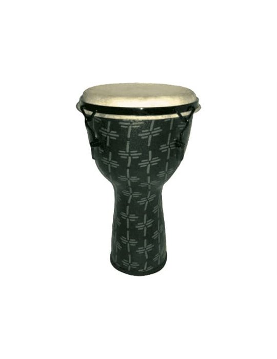 Djembe de 14? construído en fibra. Color gris claro y decorado con motivos abstractos