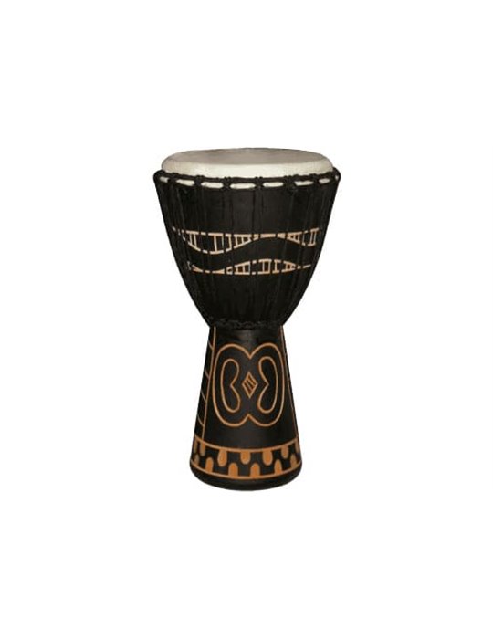 Djembe de 12? decorado con motivos africanos. Madera de color oscuro