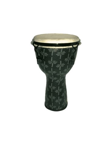 Djembe de 9,5? construído en fibra. Color gris claro y decorado con motivos abstractos