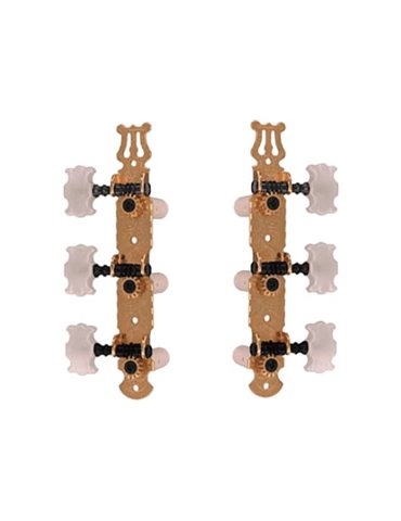 Clavijeros para guitarra clásica en forma de mariposa. Puente metálico en color dorado. Clavijas de