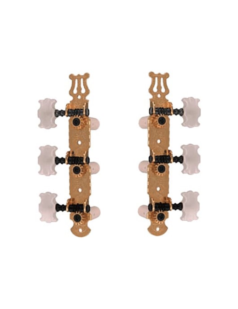 Clavijeros para guitarra clásica en forma de mariposa. Puente metálico en color dorado. Clavijas de