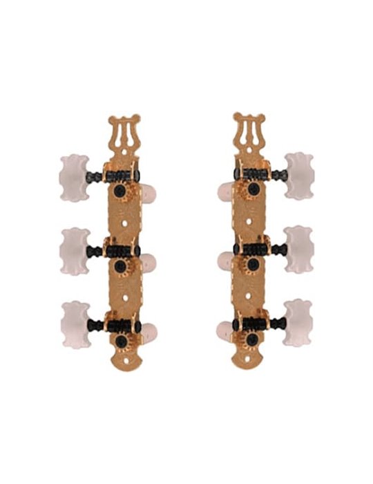 Clavijeros para guitarra clásica en forma de mariposa. Puente metálico en color dorado. Clavijas de