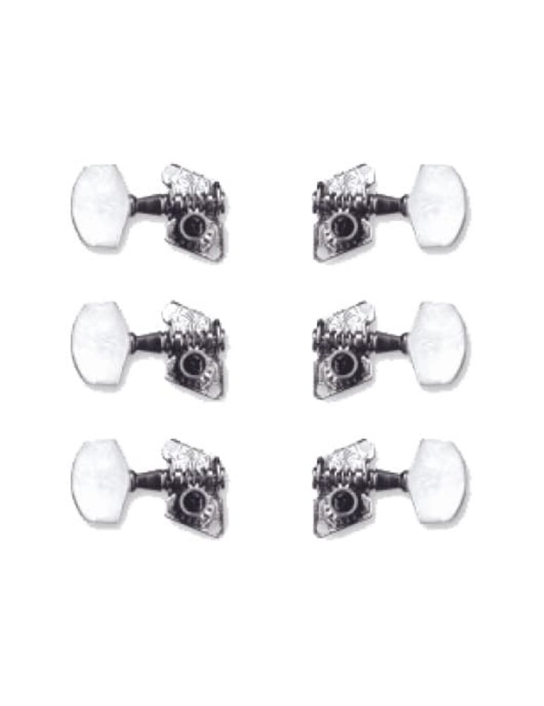 Clavijas para guitarra acústica con botones de plástico y partes metálicas de níquel.