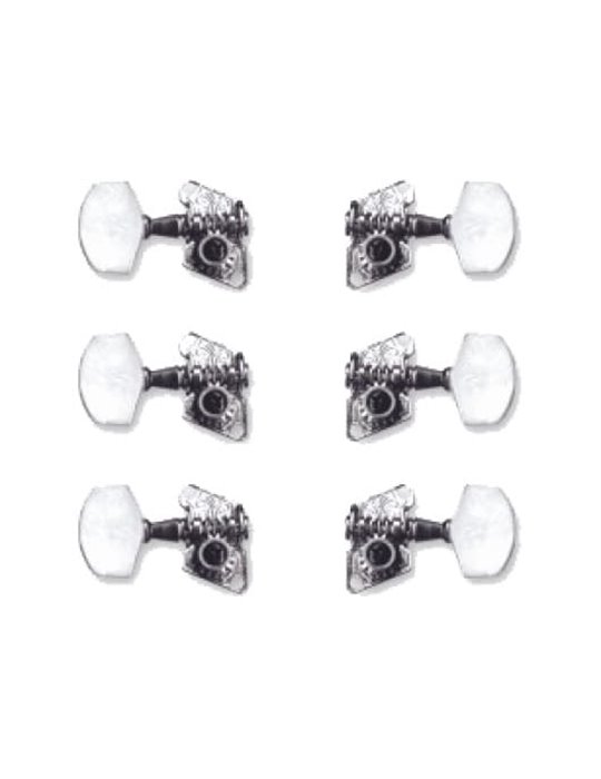 Clavijas para guitarra acústica con botones de plástico y partes metálicas de níquel.